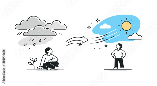 Tranquil Sky Transformation. Changing skies illustration. Minimal sky scene transitioning from soft grey clouds to clear blue openness, symbolizing calm
