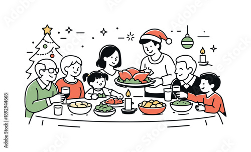 Cozy Christmas Dinner. Family dinner at Christmas. Family members gathered around a table, sharing food and warm conversation. Cozy holiday atmosphere and