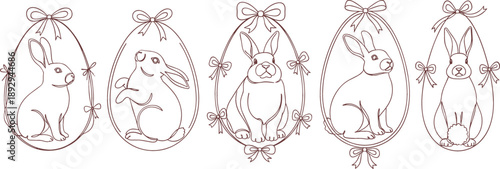 Hand-drawn Easter bunny line art vector set with cute rabbits inside decorative egg-shaped frames and ribbon bows.