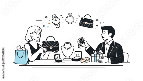 Luxury Trade Elegance. Trade in luxury goods. Elegant products like watches, handbags, and jewelry are exchanged in a calm, refined setting, suggesting