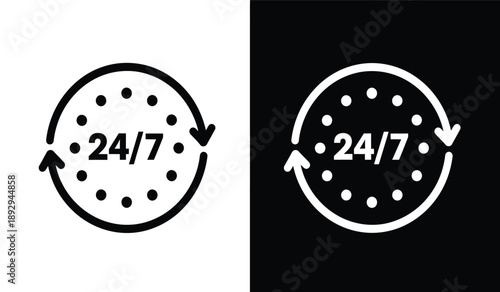 Black and white 247 icons with circular arrows and black backgrounds for 24 hours a day service or support