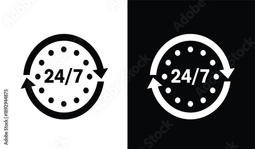 Black and white 247 icons with arrows and dots and black backgrounds for 24 hours a day service or support symbol