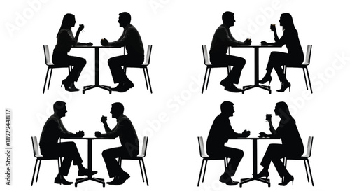 Silhouettes of couples sitting at tables with drinks