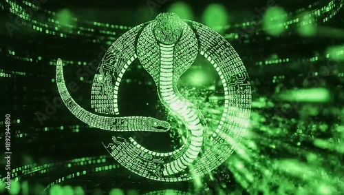 Cobra Symbol in Futuristic Tech: The cobra symbol merges with a futuristic tech design, rendered in a mesmerizing green glow against a background of data streams.