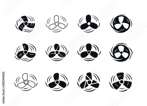 Fan Emblem Variations. Turning on a fan. Icon set. Set Logo of turning on a fan: rotating fan blades motion. harmonious logo variations of the same emblematic