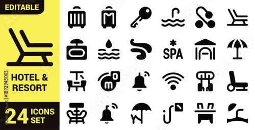 Hotel and resort amenity icon set with suitcase, swimming pool, spa, Wi-Fi, dining, fitness, lounge chair, and concierge service symbols