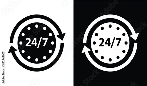 Black and white 247 icons with circular arrows on contrasting backgrounds for 24 hours a day seven days a week concept