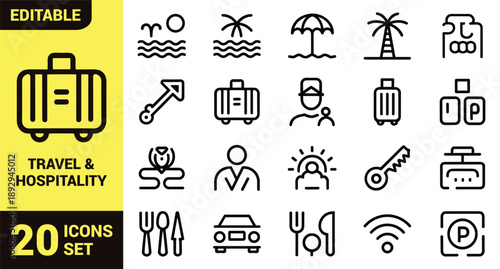 Travel and hospitality icon set with hotel, suitcase, spa, parking, dining, concierge, Wi-Fi, beach, family, and vacation service symbols