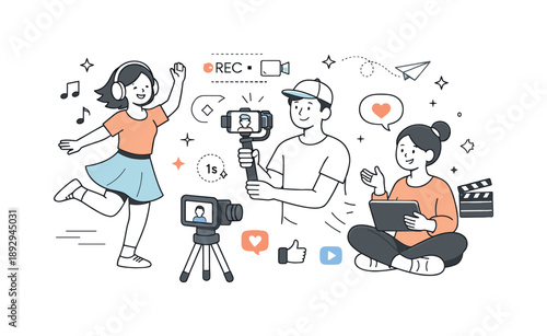 Creative Recording Session. Social video recording session. Group working together to capture short entertaining moments, calm confidence and positive energy,