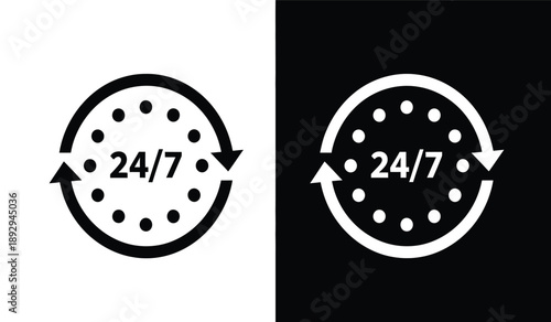 Black and white 247 icons with arrows and dots on contrasting backgrounds