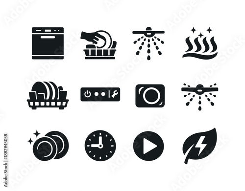Dishwasher Routine Icons. Dishwasher routine. Solid icon set of Dishwasher routine: dishwasher front, loading dishes, rinse cycle, drying heat, dish rack,