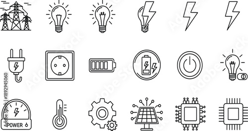 PrintSet of linear icons representing electrical power, energy solutions, charging battery, solar panel, technology circuit, and bright light bulb ideas. (21 words)