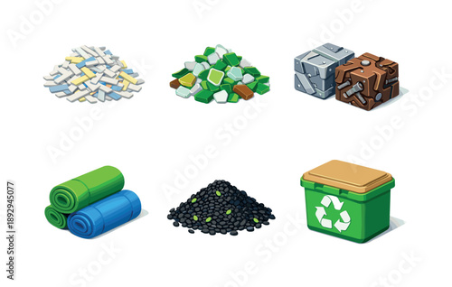 Recycled Materials Icons. Recycled materials. Isometric flat vector icons set of Recycled materials: shredded paper fibers, crushed glass fragments, metal