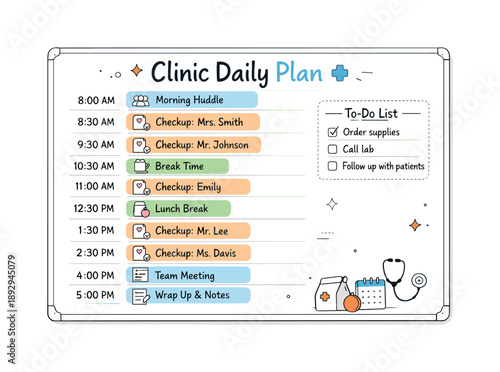 Clinic Schedule Overview. Clinic daily plan. A whiteboard showing a full-day schedule with checkups, breaks, and notes arranged clearly. The illustration