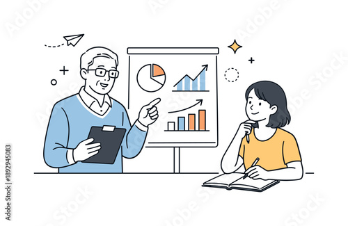 Collaborative Team Discussion. Professional guidance. A senior colleague explaining ideas to a junior team member using simple charts. Supportive leadership
