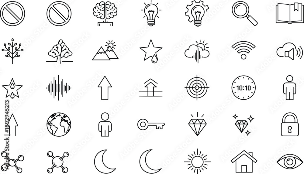 Fototapeta premium Universal Line Icon Set Featuring Knowledge Brain Science Molecules Environment Trees Mountains Security Diamond Globe Vision and General Interface Symbols