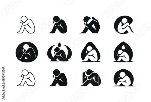 Tears Icon Set. Crying alone in darkness. Icon set. Set Logo of crying alone in darkness: lone tear drop. harmonious logo variations of the same emblematic