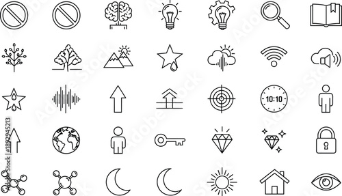 Universal Line Icon Set Featuring Knowledge Brain Science Molecules Environment Trees Mountains Security Diamond Globe Vision and General Interface Symbols
