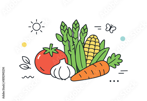 Minimalist Vegetable Art. Seasonal produce minimal flat lay. A single cluster of vegetables centered with light abstract accents floating around. Focus on
