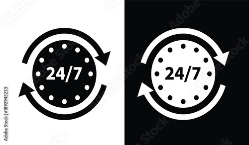 247 service icon set with arrows and black backgrounds