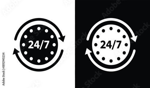 Black and white 247 icons with circular arrows and black backgrounds, representing around the clock service or support
