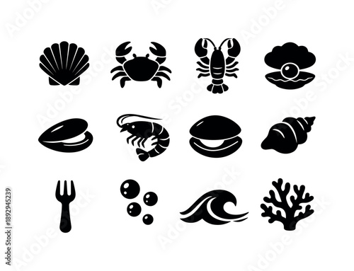 Shellfish Icon Set. Shellfish. Solid icon set of Shellfish: scallop shell, crab, lobster, oyster, mussel, shrimp, clam, shell icon, seafood fork, underwater
