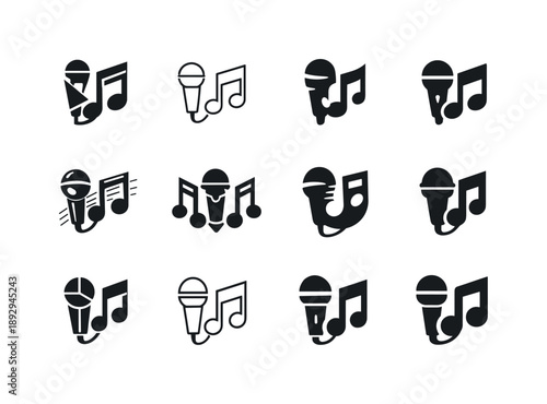 Karaoke Logo Icons. Karaoke night. Icon set. Set Logo of Karaoke night: music notes and mic combo. harmonious logo variations of the same emblematic concept,