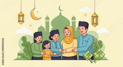 This heartwarming flat design illustration depicts Muslim parents happily taking a photo with their joyful friends during Eid al-Fitr.