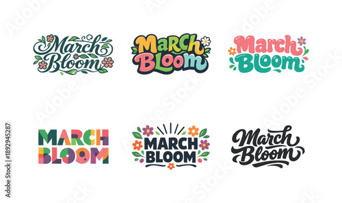 March Bloom Variations. March Bloom. Set lettering. harmonious lettering variations of the same emblematic concept, each with different artistic interpretation