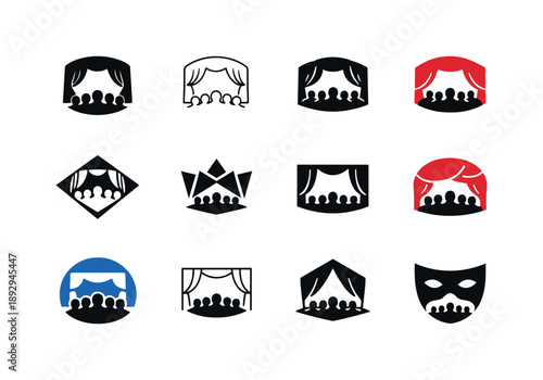 Theater Logo Variations. Theater performance. Icon set. Set Logo of theater performance: audience silhouette viewing stage. harmonious logo variations of the