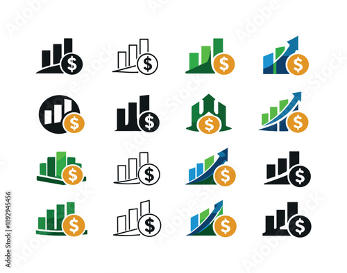Investment Graph Icons. Investment graph. Icon set. Set Logo of Investment graph: financial growth bars with coin. harmonious logo variations of the same