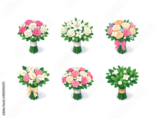 Wedding Bouquet Icons. Wedding flower bouquets. Isometric flat vector icons set of Wedding flower bouquets: bridal rose bouquet, white floral bouquet, pastel