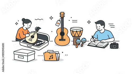 Musical Heritage Preservation. Preserving musical traditions. A quiet scene of instruments carefully stored or documented, symbolizing protection of cultural