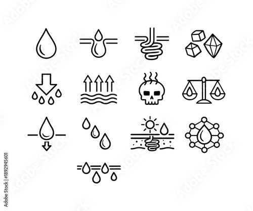 Skin Excretion Icons. Skin excretion. Line icon set of Skin excretion: sweat droplet, sweat pore, sweat gland coil, salt crystal icon, waste removal arrow,