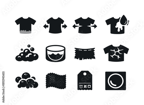 Laundry Icon Set. Laundry wear effects. Solid icon set of laundry wear effects: faded fabric, shrinking icon, stretched fabric, color bleed mark, detergent