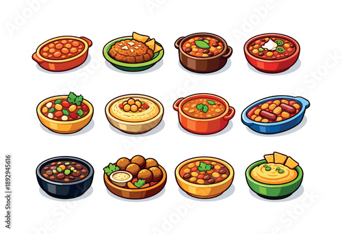 Bean Dishes Icons. Bean Dishes. Colorful isometric vector icons set of Bean Dishes: baked beans, refried beans, bean stew, bean chili, bean salad, hummus,