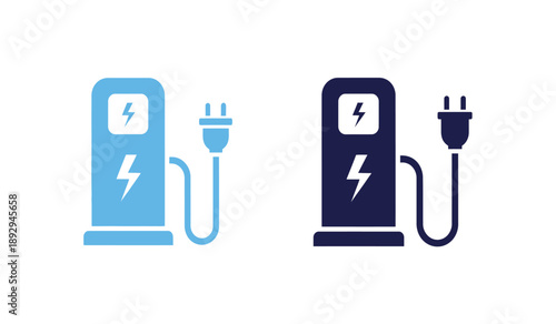 Electric vehicle charging station icons with power cords in blue and dark blue