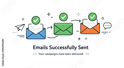Efficient Email Delivery. Email marketing delivery. Emails successfully sent with checkmarks and envelope icons, smooth communication flow. Calm sense of