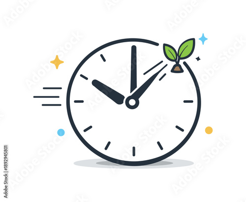 Time for Growth. Symbolic Visuals: Clock Pointing to Spring. Clock icon with motion lines, where the next hour mark is replaced by a sprouting bud. Calm