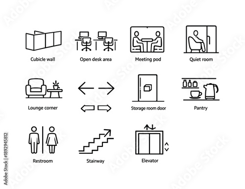 Office Layout Icons. Office Layout Elements. Line icon set of Office Layout Elements: cubicle wall, open desk area, meeting pod, quiet room, lounge corner,