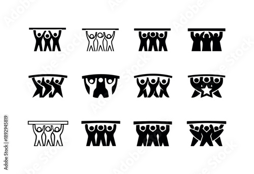 Teamwork Logo Variations. Teamwork. Icon set. Set Logo of teamwork: group lifting a bar together. harmonious logo variations of the same emblematic concept,