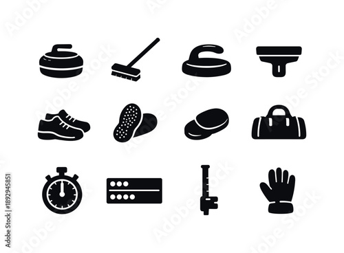 Curling Equipment Icons. Curling Equipment. Solid icon set of Curling Equipment: curling stone, curling broom, stone handle, ice scraper, curling shoes, grip