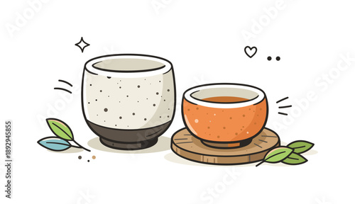 Earthy Stoneware Tea Cups. Handcrafted pottery. A close-up scene of stoneware tea cups with organic shapes and earthy tones, expressing craftsmanship and