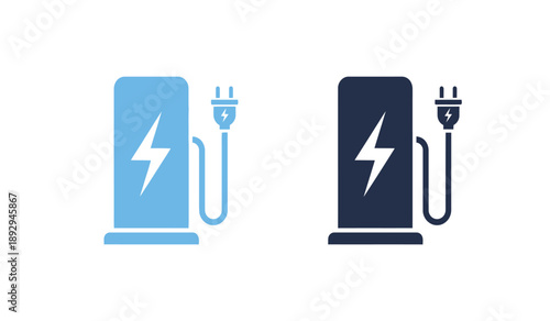 Electric vehicle charging icons with lightning bolt symbol on battery and plug