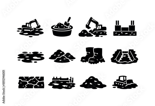 Construction Mud Icons. Construction Mud. Solid icon set of Construction Mud: muddy construction site, wet cement mix, soil excavation, foundation mud, heavy