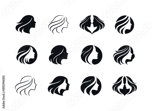 Feminine Beauty Logos. feminine beauty. Icon set. Set Logo of feminine beauty: flowing hair shape. harmonious logo variations of the same emblematic concept,