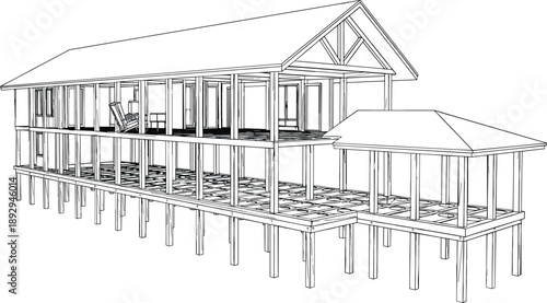 Modern House Structure Line Art Sketch with Architectural Framework Columns and Roof Design for Construction and Engineering Projects