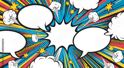 Vibrant comic book speech bubbles with explosive colorful background comic strip art