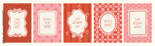 Whimsical Valentine’s Day greeting card collection with hand-drawn ink sketch love doodles and romantic love slogan.