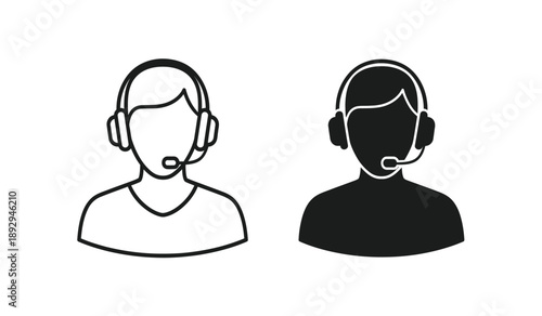 Two customer service representatives wearing headsets in black and white